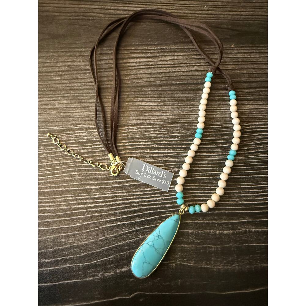 Vintage NWT Dillards Suede and Turquoise Pendant Drop Statement Necklace